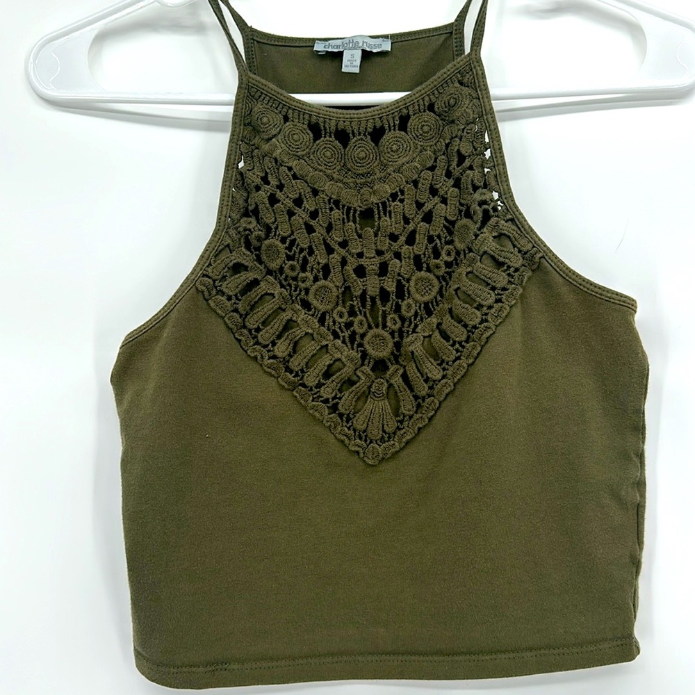 Charlotte Russe Cropped Crocheted Boho green goblin Tank